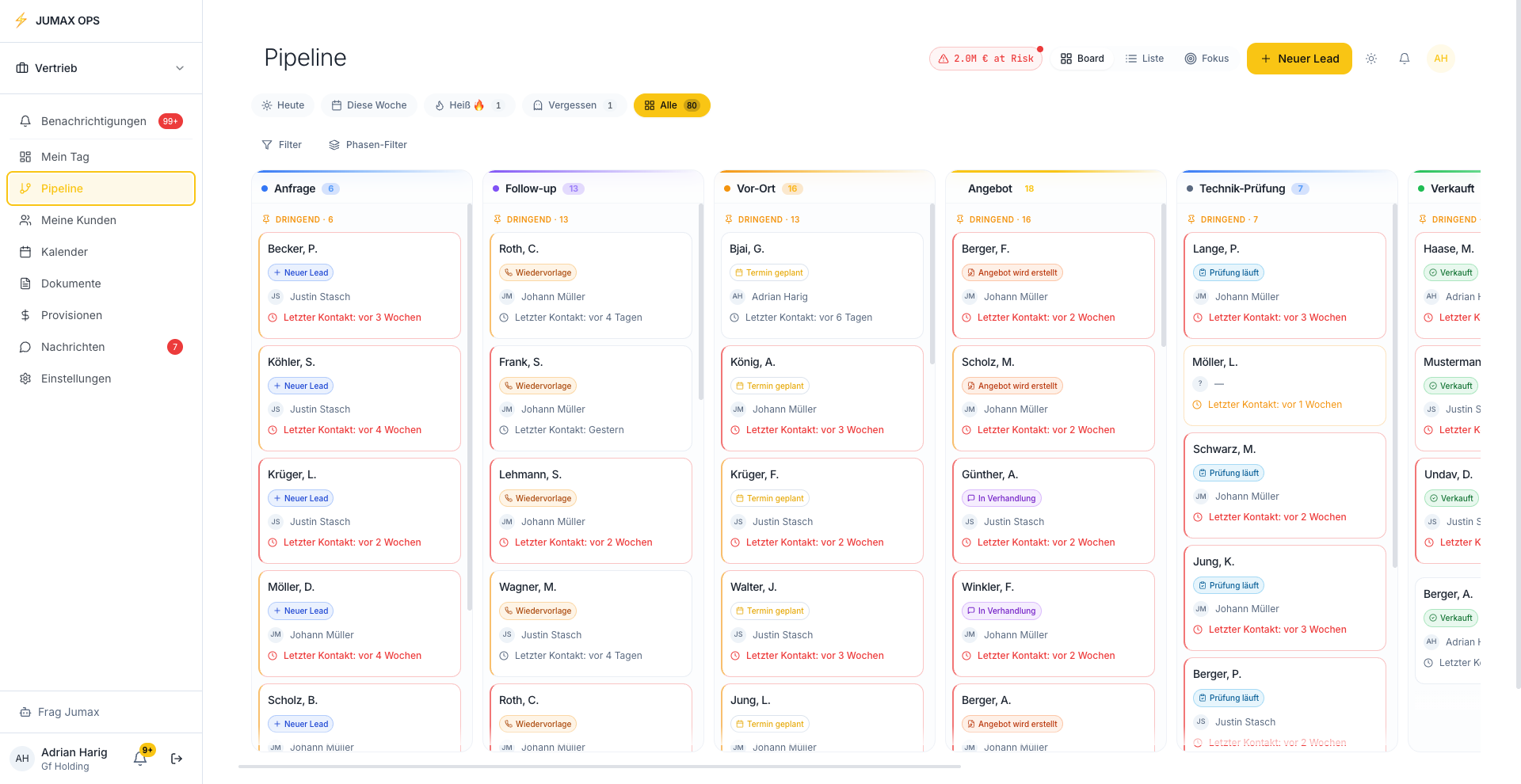 JUMAX OPS — Vertriebs-Pipeline mit Live-Status pro Lead